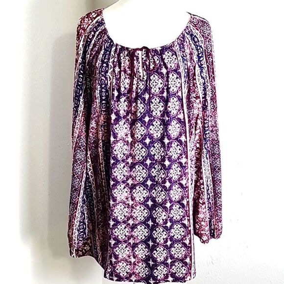 Fred David Purple, Pink, Navy Print Peasant Top with Tie at Neckline, Size 1X - Picture 1 of 9